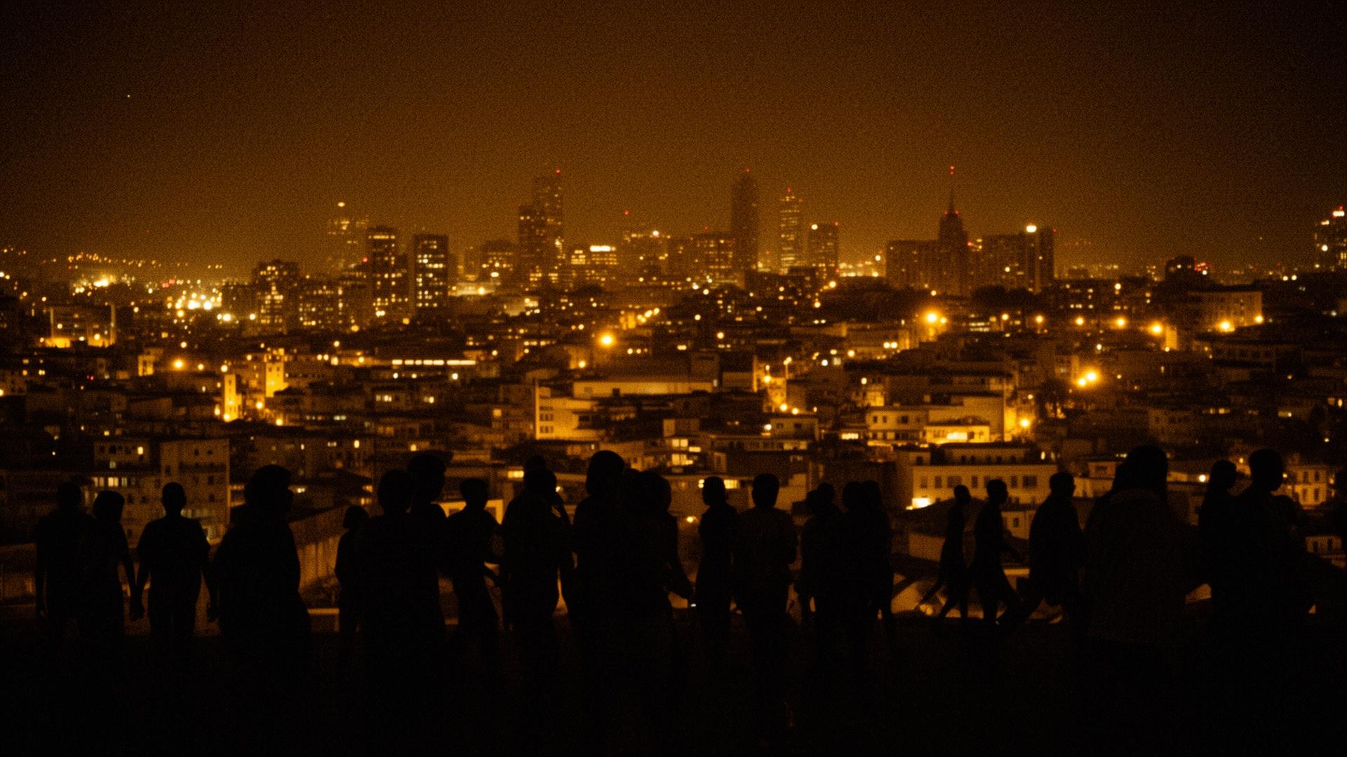 A city at night — anonymous silhouettes against amber light